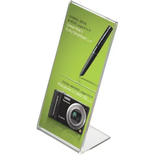 Brosjyre-/menyholder A6/A4,B105-H297mm,2mm,skrå"L"Stående