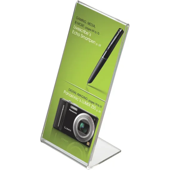 Brosjyre-/menyholder A6/A4,B105-H297mm,2mm,skrå"L"Stående