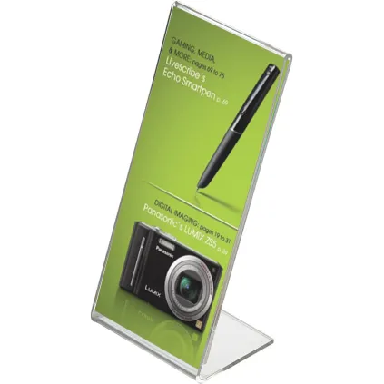 Brosjyre-/menyholder A6/A4,B105-H297mm,2mm,skrå"L"Stående