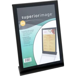 Brosjyre-/menyholder A4, med sort ramme, skrå "L", Stående