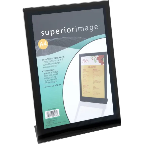 Brosjyre-/menyholder A4, med sort ramme, skrå "L", Stående