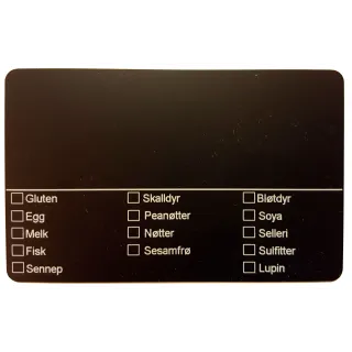 Allergenkort 86x54mm sort med skrivefelt og avkryssing