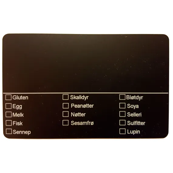 Allergenkort 86x54mm sort med skrivefelt og avkryssing