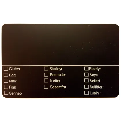 Allergenkort 86x54mm sort med skrivefelt og avkryssing