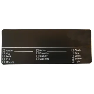 Allergenkort 140x54mm sort med skrivefelt og avkryssing