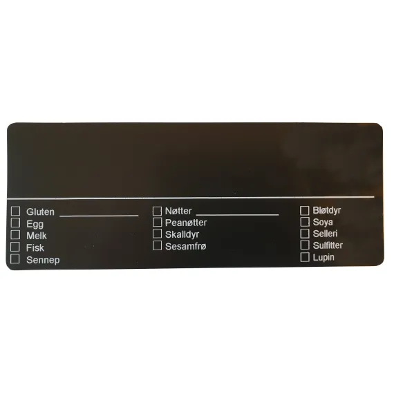 Allergenkort 140x54mm sort med skrivefelt og avkryssing